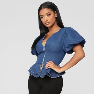 Denim Peplum Zip Top